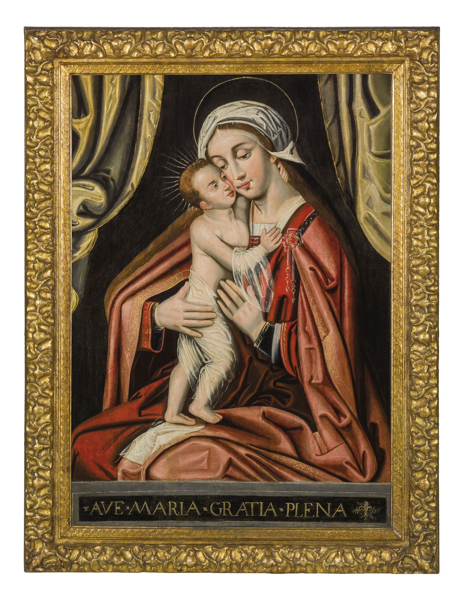 AMBROSIUS BENSON (cerchia di): (Milano, 1495 - Fiandre, 1550) Madonna con Bambino Olio su tavola, cm 102X72 Il dipinto evoca influenze lombarde, ma presenta accostamenti stringenti con le opere di Ambrosius Benson (Lombardia, circa