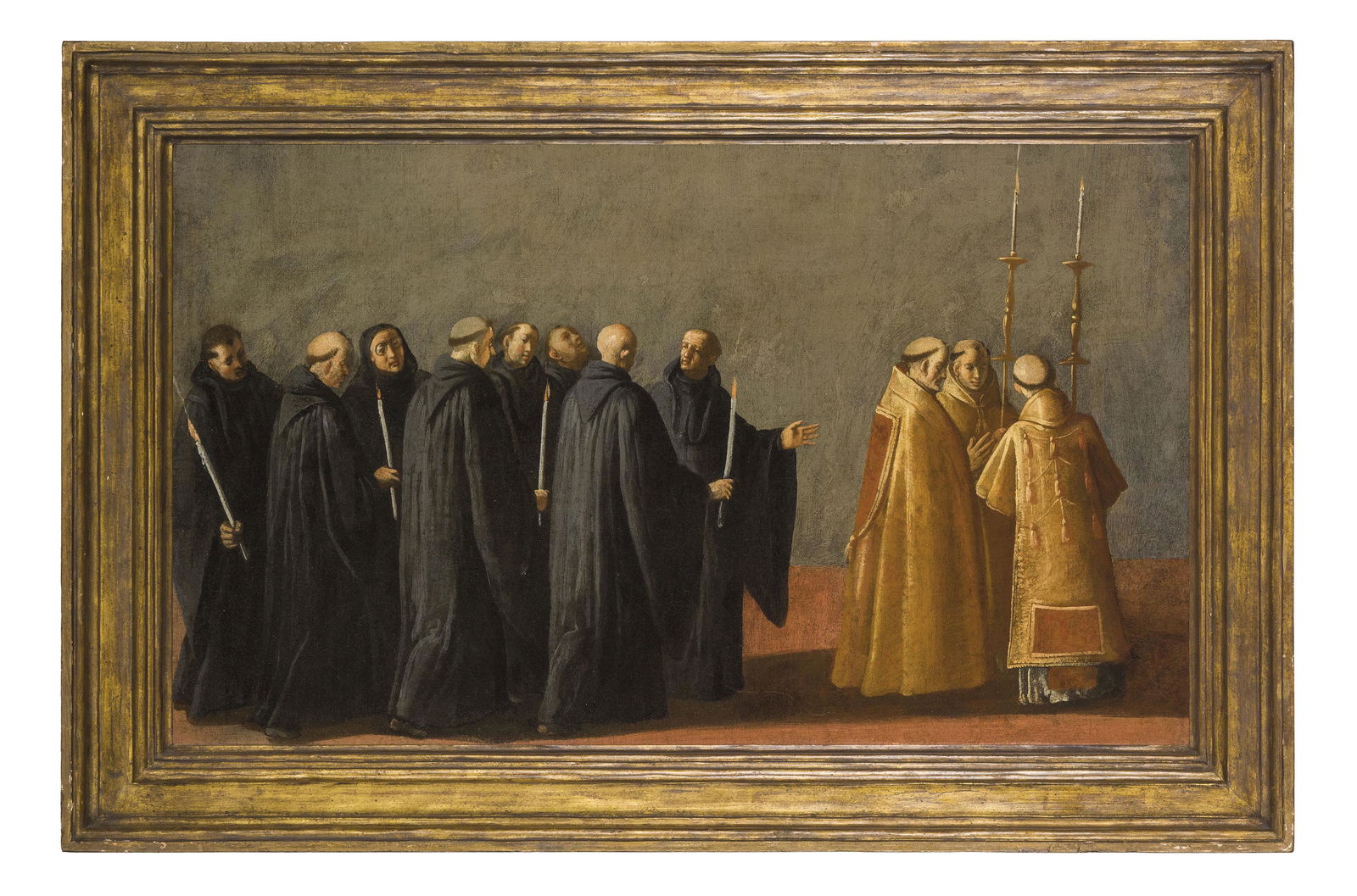 VINCENZO CARDUCCI (Vicente Carducho): (Firenze, 1585 - Madrid, 1638) Monaci certosini in processione Olio su tela, cm 50,5X84 Nativo di Firenze ma trasferitosi in Spagna nel 1585 con il fratello maggiore Bartolomeo al seguito di Federico