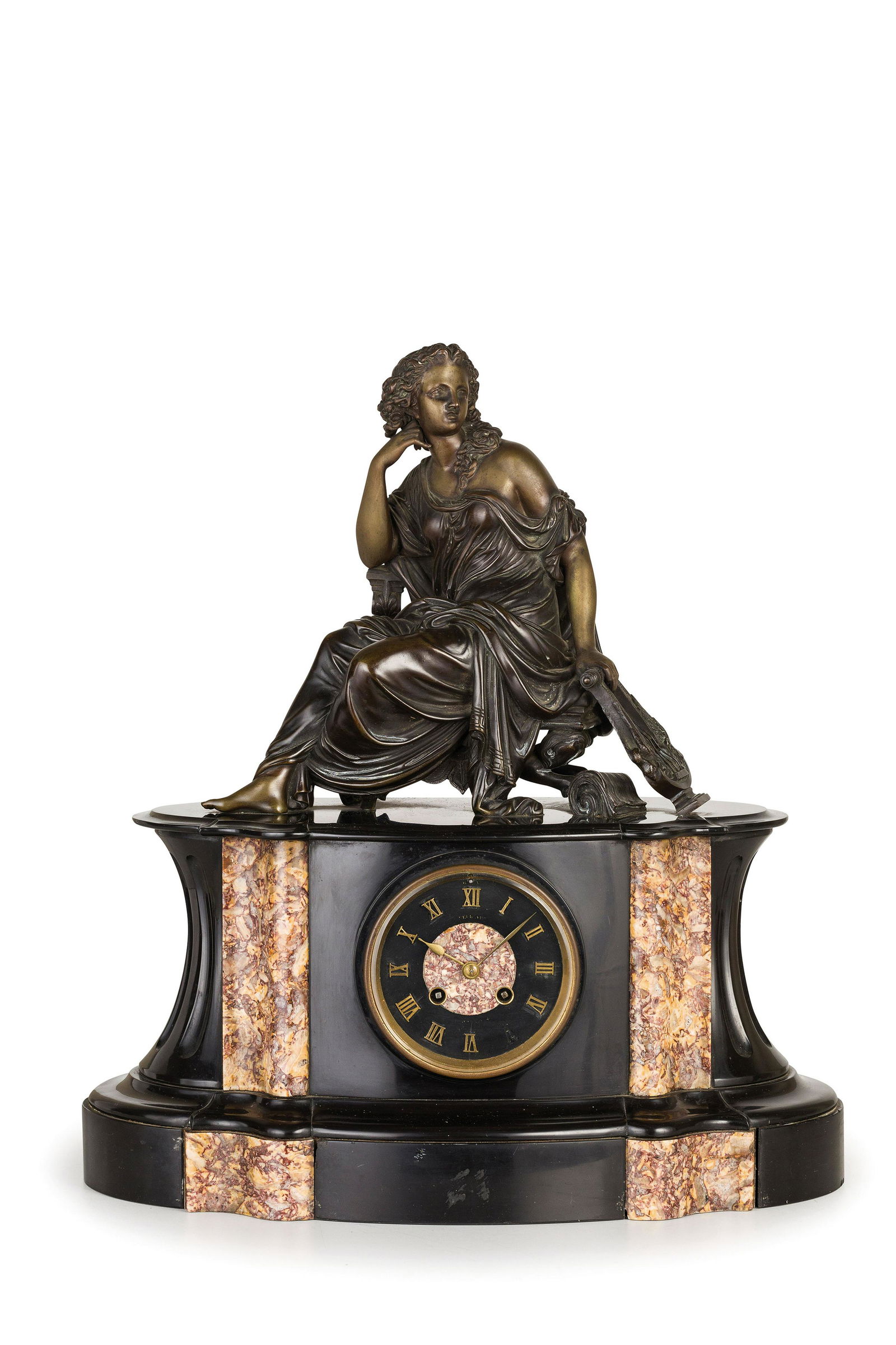 PENDOLA IN MARMO POLICROMO CON SCULTURA DI EUTERPE, (1 of 1)