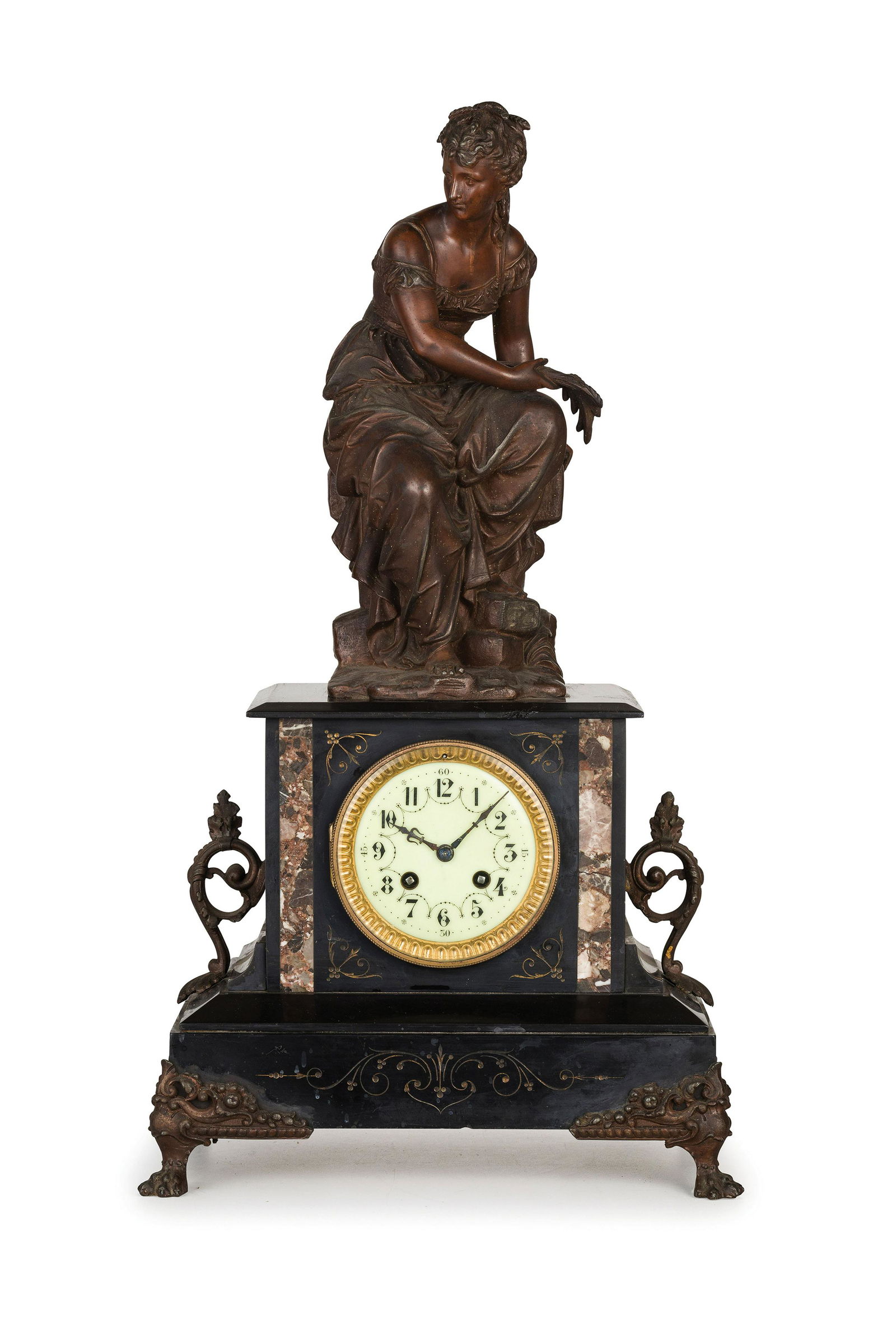 PENDOLA IN MARMO CON SCULTURA DI CONTADINA, FRANCIA, (1 of 1)