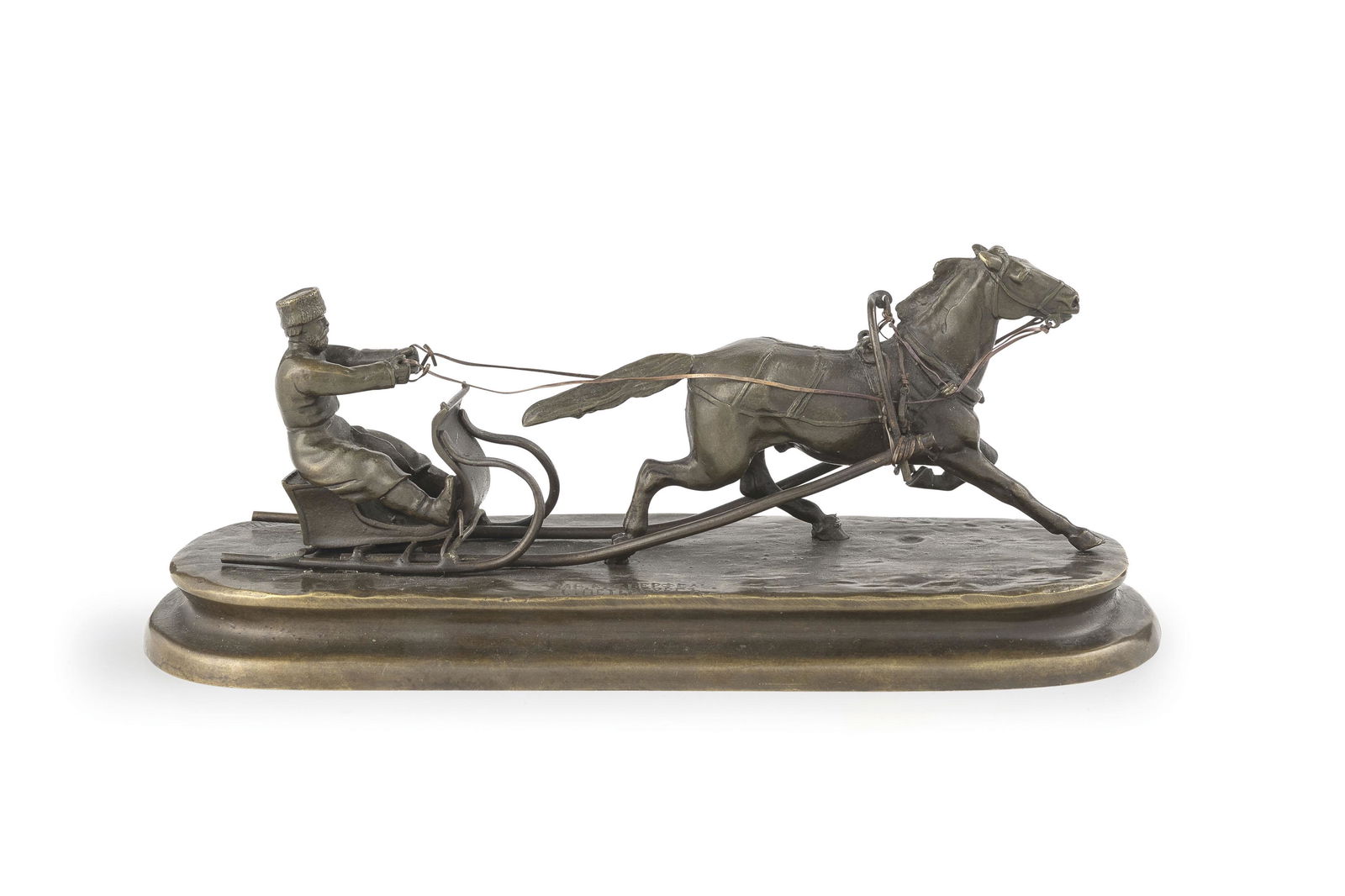 GRUPPO IN BRONZO, SAN PIETROBURGO, FINE DEL XIX SECOLO,: raffigurante un uomo in slitta trainato da un cavallo; usure Alt. cm 10, lung. cm 24 A RUSSIAN BRONZE GROUP, ST. PETERSBURG, LATE 19TH CENTURY, SIGNED V. GRACHEV, FOUNDRY K.F. WERFEL S. PETERSBURG; WE