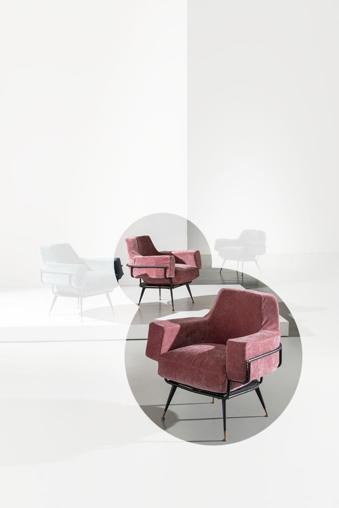 RITO VALLA (ATTRIB. A): Coppia di poltrone. Tubolare metallico verniciato, ottone, velluto imbottito. Produzione I.P.E Bologna anni '50. cm 82x80x85 A PAIR OF ARMCHAIRS ATTRIBUTED TO R. VALLA Ottime condizioni generali. Picc