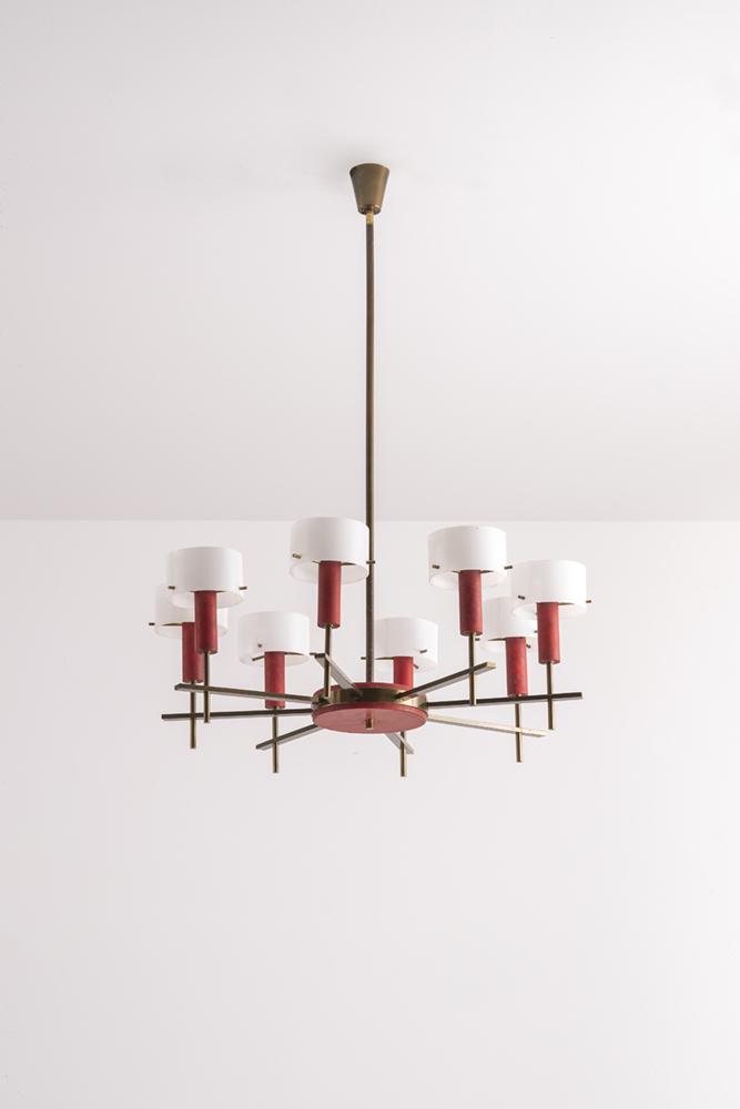 ANGELO BROTTO: Lampada a sospensione. Ottone, metacrilato opalino, alluminio verniciato. Produzione Esperia anni '60. cm 100x70 A CEILING LAMP BY A. BROTTO Condizioni generali buone. Trascurabili graffi, lievi segni