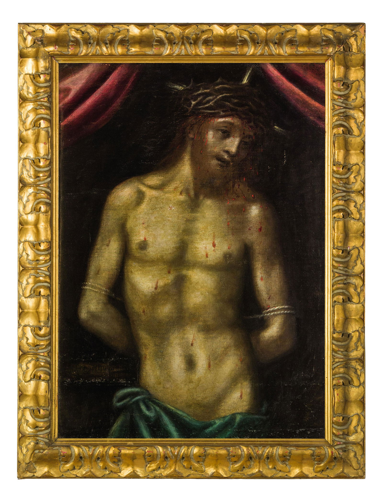 ALESSANDRO MAGANZA (attr. a): (Vicenza, prima del 1556 - 1632) Ecce homo Olio su tela, cm 84,5X64,5 Realizzata su una tipica tela spigata, l'opera reca un'attribuzione a Alessandro Maganza. L'artistasi formì nella bottega pat