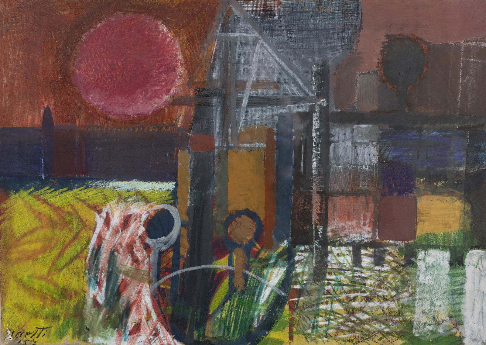 BRUNO SAETTI: Bologna 1902-1984 Sole, 1959 Tecnica mista su cartoncino, cm 33 x 46,5 Firmato e datato in basso a sinistra