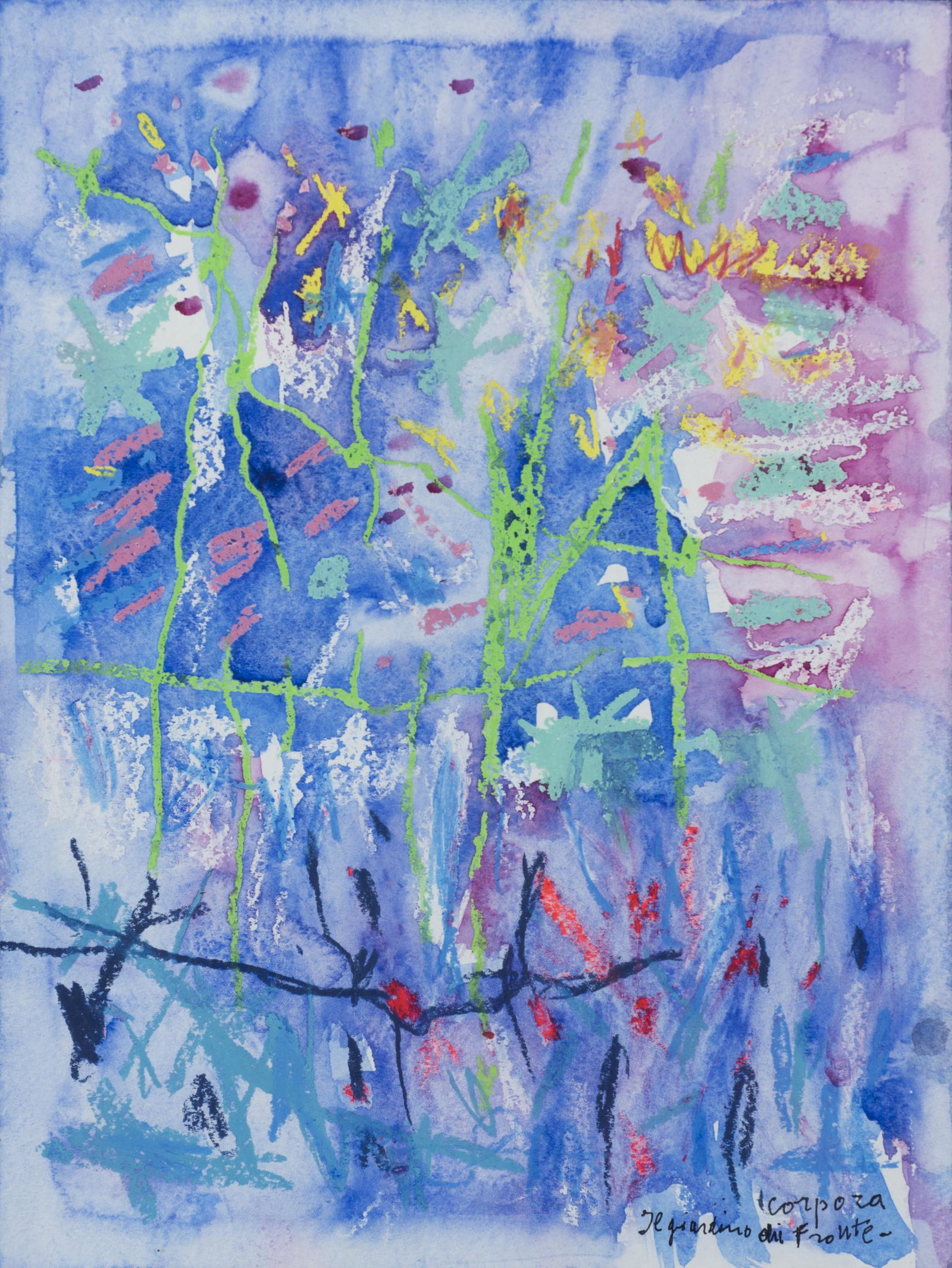 ANTONIO CORPORA: Tunisi 1909-Roma 2004 Il giardino di fronte Tecnica mista su carta, cm 39,6 x 30 Firmato e titolato in basso a destra