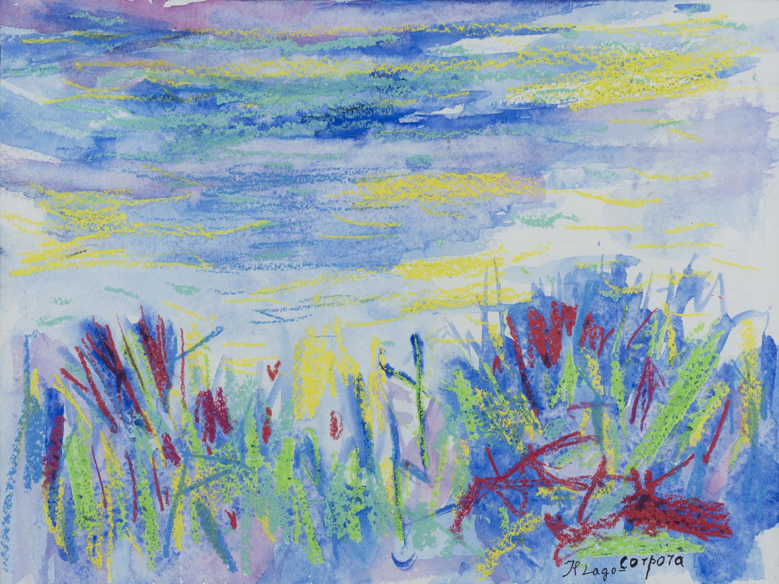 ANTONIO CORPORA: Tunisi 1909-Roma 2004 Il lago Tecnica mista su carta, cm 29,7 x 40 Firmato e titolato in basso a destra