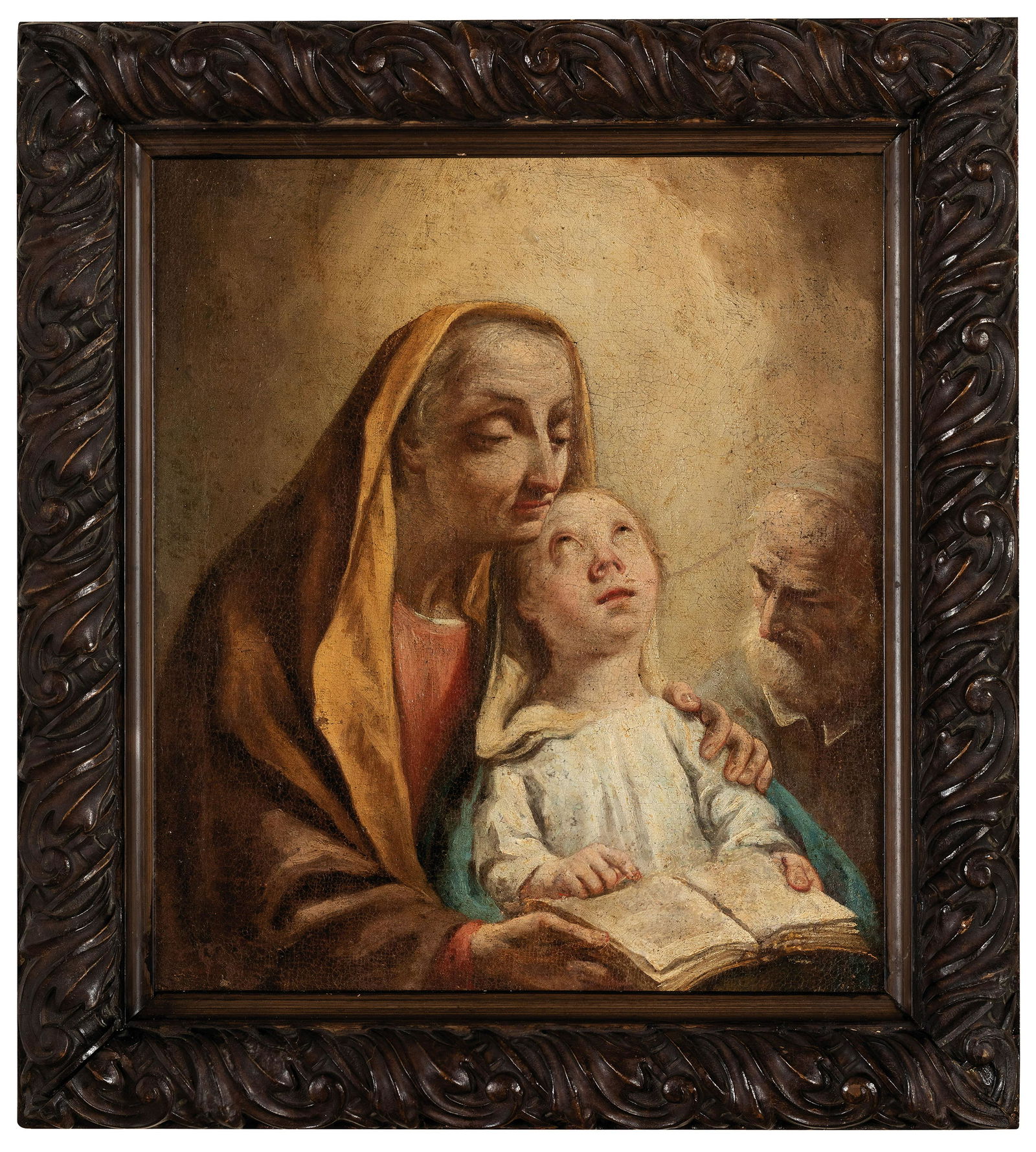 GIUSEPPE ANGELI: (Venezia 1712 - 1798) Bozzetto raffigurante l'educazione della Vergine Olio su tela, cm 34X29 L'autore di questo dipinto si identifica in Giuseppe Angeli, il più dotato fra gli allievi di Giovann