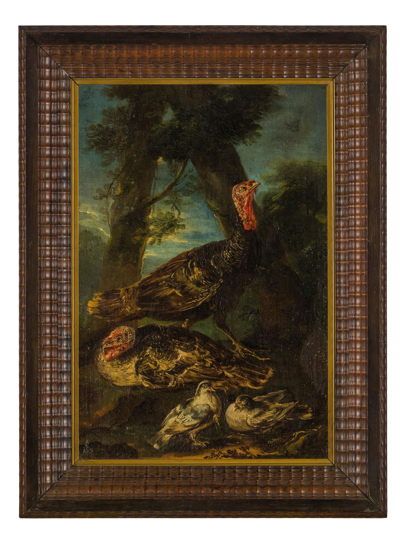 ANGELO MARIA CRIVELLI detto il CRIVELLONE: (attivo a Milano tra il 1690 e il 1730) Paesaggio alberato con tacchini e colombe Olio su tela, cm 46X31 Vedi scheda al lotto precedente.