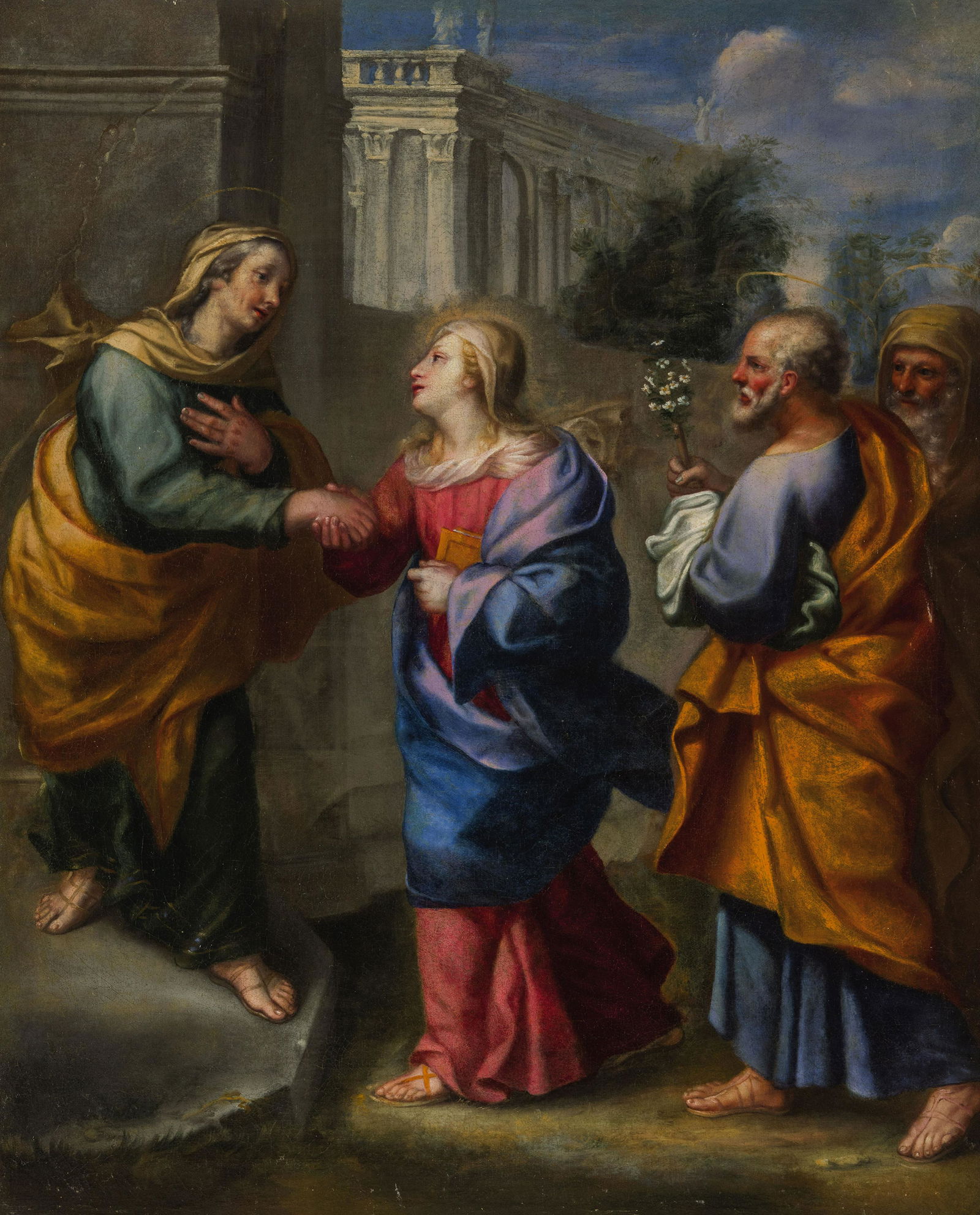 ANTONIO CAVALLUCCI (attr. a): (Sermoneta, 1752 - Roma, 1795) La Visitazione Olio su tela, cm 120X95,5 Allievo di Stefano Pozzi e Gaetano Lapis, Antonio Cavallucci beneficiì della protezione del duca Francesco Caetani e di Mon