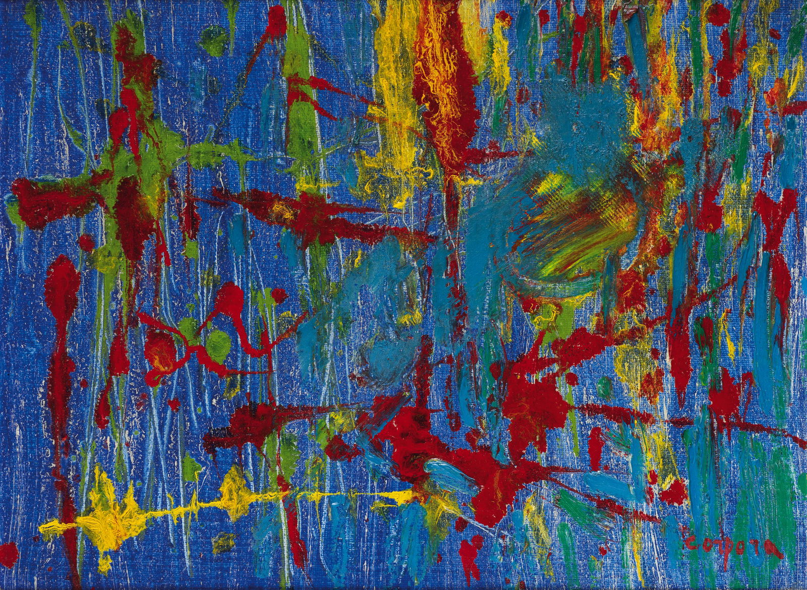 ANTONIO CORPORA: Tunisi 1909 - Roma 2004 Scrittura Olio e smalto su tela, cm 30 x 40 Firmato in basso a destra; firmato e titolato sul retro