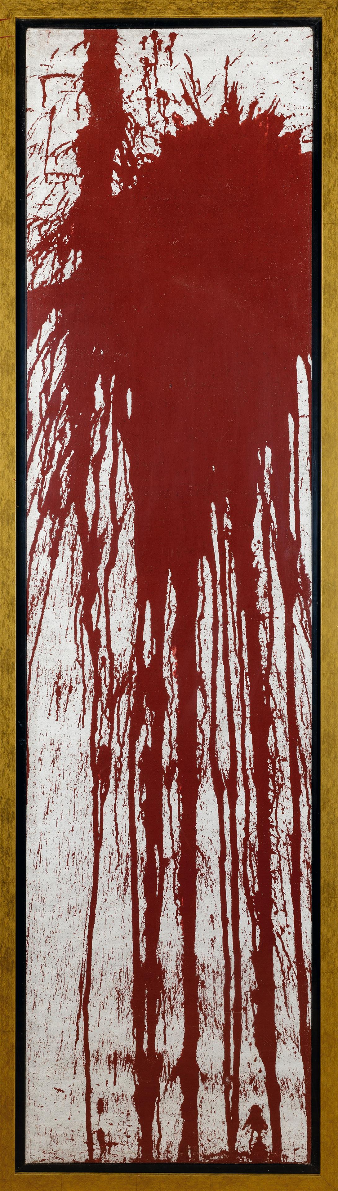 HERMANN NITSCH: Vienna 1938 Senza titolo, 1981 Olio su tela, cm 200 x 50 Firmato e datato sul retro Timbro di O.M. Theater - Prinzendorf sul retro Autentica su fotografia dell'artista Provenienza: Galleria Guidi & Sc