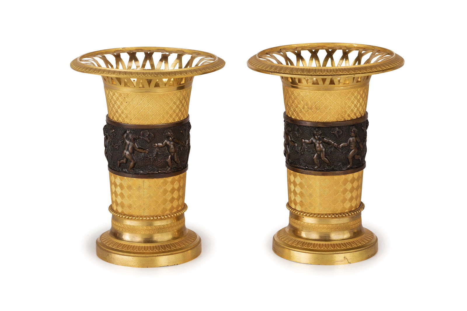 COPPIA DI BRUCIAPROFUMI IN BRONZO DORATO E PATINATO, (1 of 1)