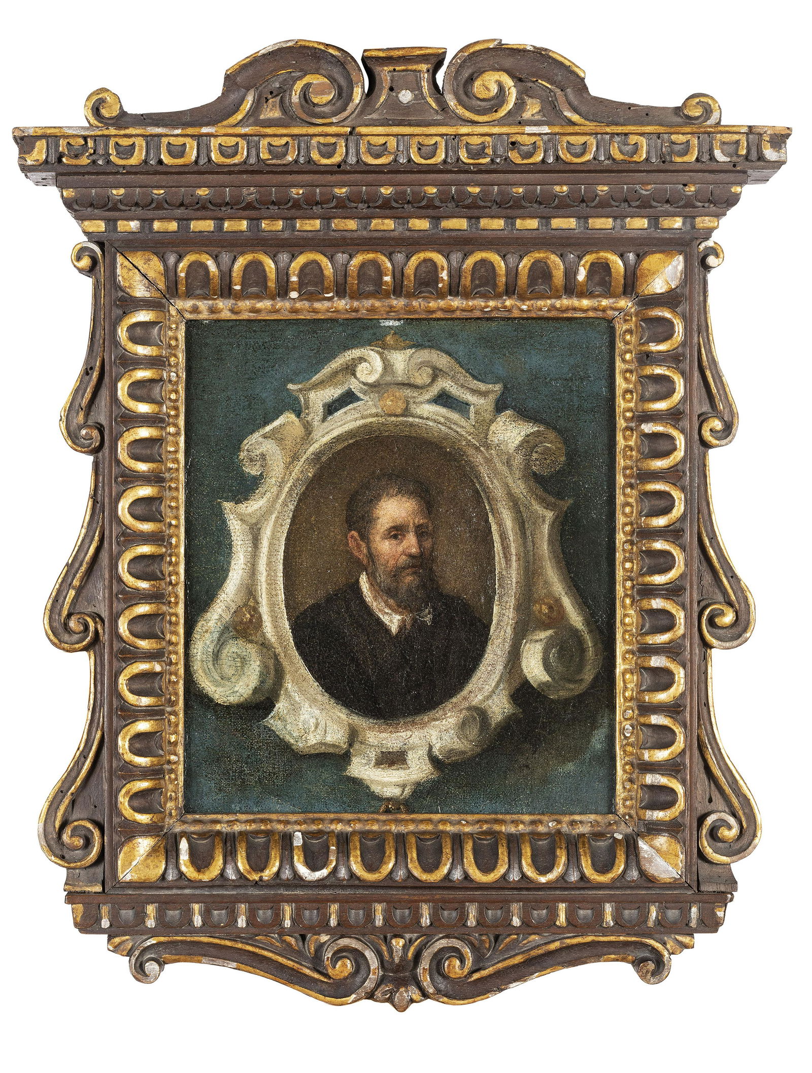 PITTORE DEL XVI-XVII SECOLO: Ritratto di Michelangelo Olio su tela, cm 21X18 L'opera è tradizionalmente attribuita a Marcello Venusti e deriva dal ritratto di Michelangelo eseguito da Jacopino del Conte.