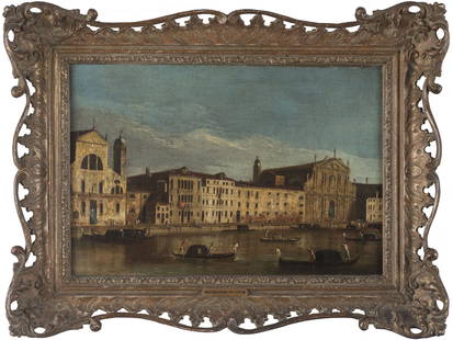 FRANCESCO TIRONI (attr. a): (Venezia, circa 1745 - 1797) Veduta veneziana Olio su tela, cm 27X39 Nel corso del XVIII secolo, oltre ai maestri celebri, operarono a Venezia artisti che si cimentavano con successo al genere della v