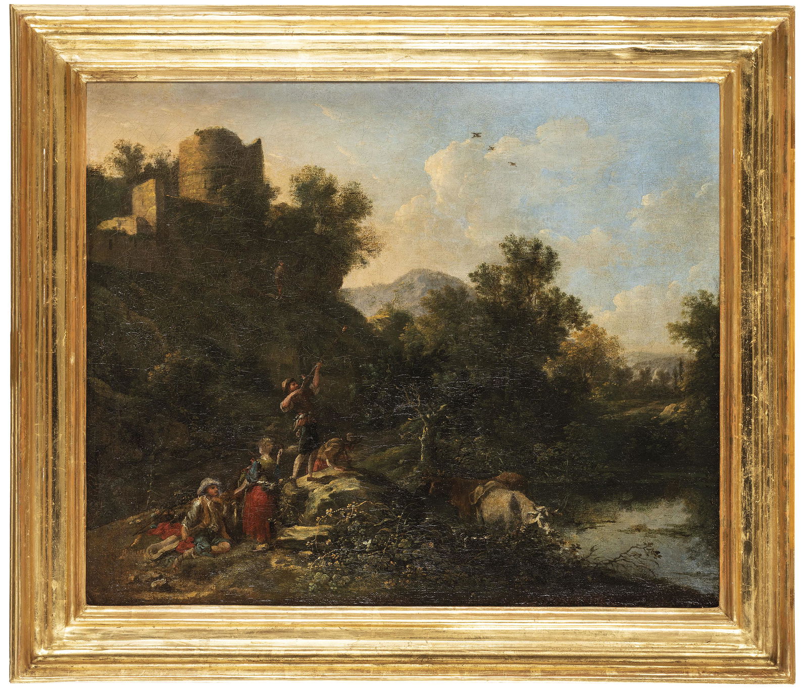 PITTORE DEL XVIII-XIX SECOLO: Paesaggio con cacciatori Olio su tela, cm 51,5X61,5 La tela reca un'attribuzione storica a Carlo Labruzzi (Roma, 1747 - Perugia, 1817), uno dei protagonisti del paesaggismo in età neoclassica, ta