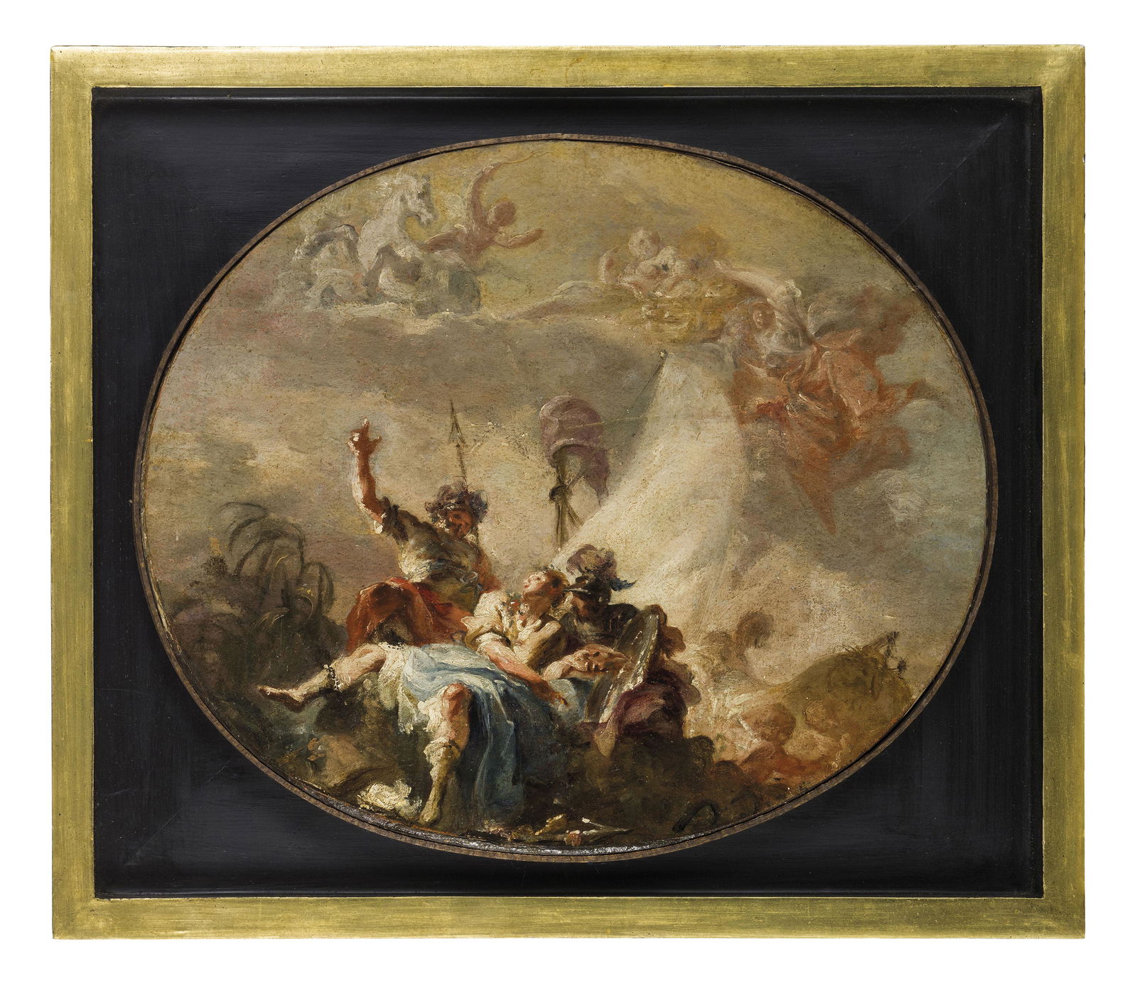 GIOVANNI ANTONIO PELLEGRINI: (Venezia, 1675 - 1741) Allegoria della Prudenza con due guerrieri, la Fortuna e putti Olio su carta applicato su tela, cm 32,5X38,5 Provenienza: Venezia, Collezione Italico Brass I caratteri di stile