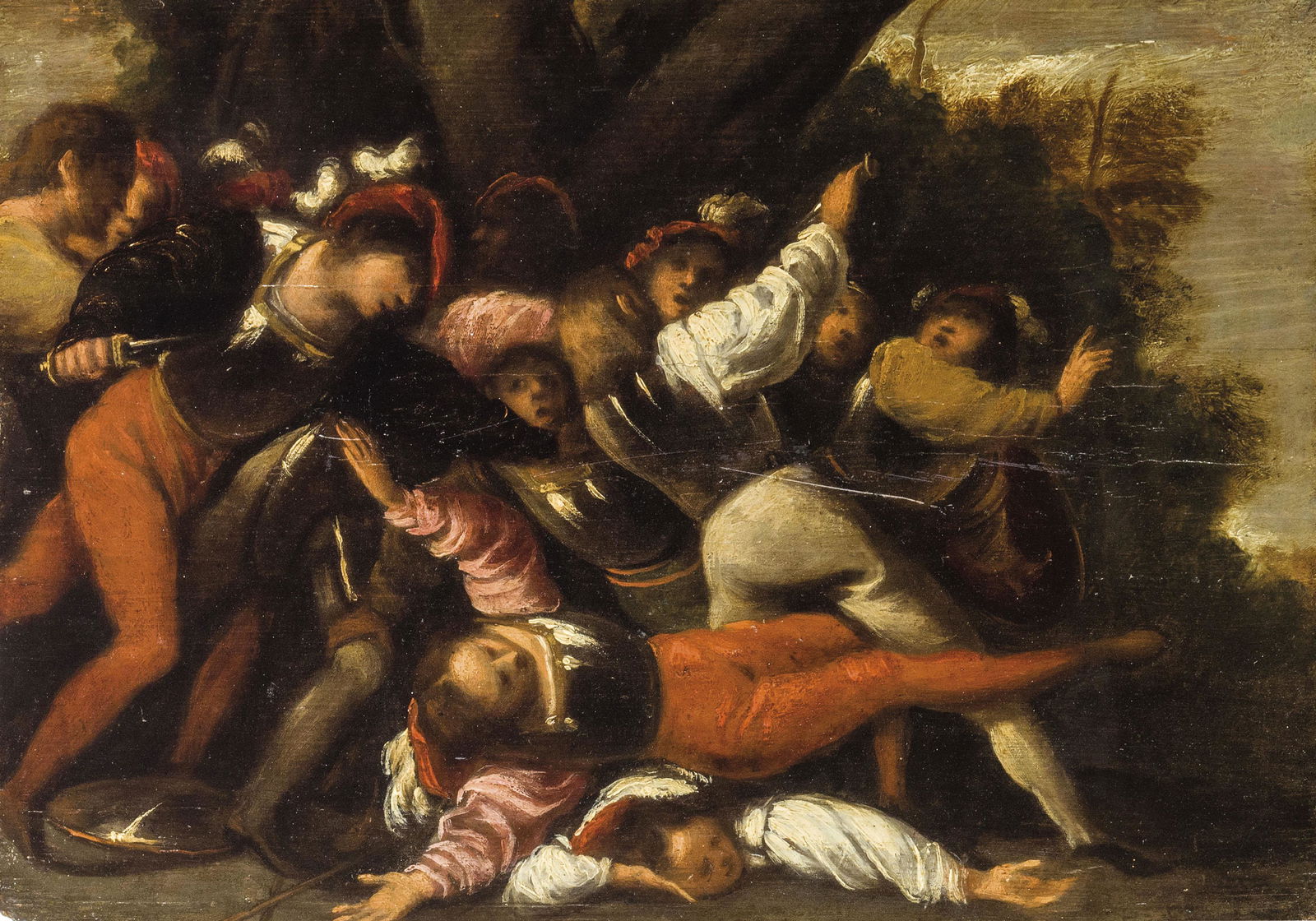 PIETRO MUTTONI detto PIETRO DELLA VECCHIA: (Venezia, 1603 - Vicenza, 1678) La rissa Olio su tavola, cm 29X41,5 Provenienza: Venezia, Collezione Italico Brass, 1944 Bibliografia: N. Ivanoff, Il grottesco nella pittura veneziana del Seicento, in