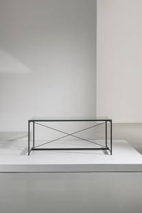 MARIO ASNAGO & CLAUDIO VENDER: Tavolo. Tondino metallico smaltato, cristallo molato. Produzione Pallucco anni '80. cm 77x182x80 A TABLE BY M. ASNAGO & C. VENDER per modelli simili vedi M. Marelli, I mobili di Asnago e Vender, Cantu