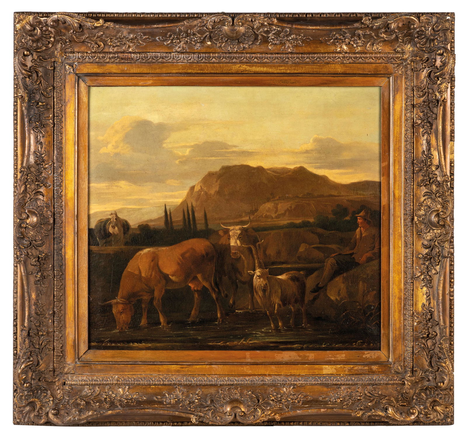 JOHANN HEINRICH ROOS (cerchia di): (Otterberg, 1631 - Francoforte sul Meno, 1685) Veduta del Monte Soratte con pastore e armenti Olio su tela, cm 67X80 Il dipinto raffigura una veduta reale della campagna romana con il Monte Soratte su