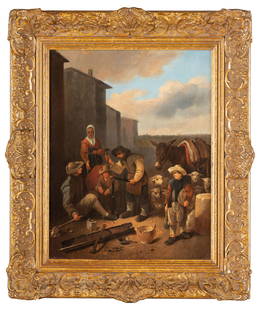 JACOBUS BUYS: (Amsterdam, 1724 - 1801) Esterno con fabbro e contadini Olio su tavola, cm 46X35 Buys nacque ad Amsterdam e si formì con Cornelis Pronk, Jacob de Wit e Cornelis Troost, diventando alla fine diret