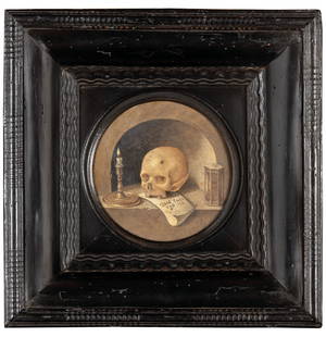 WALLERANT VAILLANT (attr. a): (Lilla, 1623 - Amsterdam, 1677) Vanitas Olio su rame tondo, diam. cm 14,2 Celebre ritrattista, la produzione di Vaillant conta altresì scene di genere, nature morte e trompe l'oeil. Allievo di Er