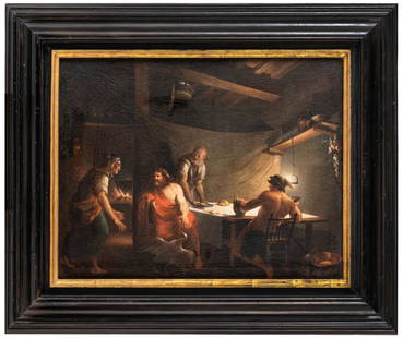 PITTORE DEL XVII-XVIII SECOLO: Filemone e Bauci Olio su tela, cm 47X60 Il dipinto reca un'attribuzione collezionistica a Adam Elsheimer (Francoforte sul Meno, 1578 - Roma, 1610), per la similitudine con un dipinto del maestro conse