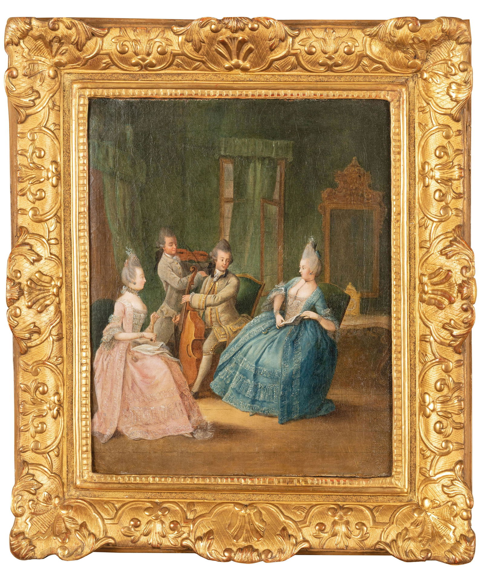 DANIEL NIKLAUS CHODOWIECKI: (Danzica, 1726 - Berlino, 1801) Scena d'interno con concerto Olio su tela, cm 42X34 Già attribuito a Pietro Longhi, il dipinto si riconduce al catalogo di Daniel Niklaus Chodowiecki, artista nato