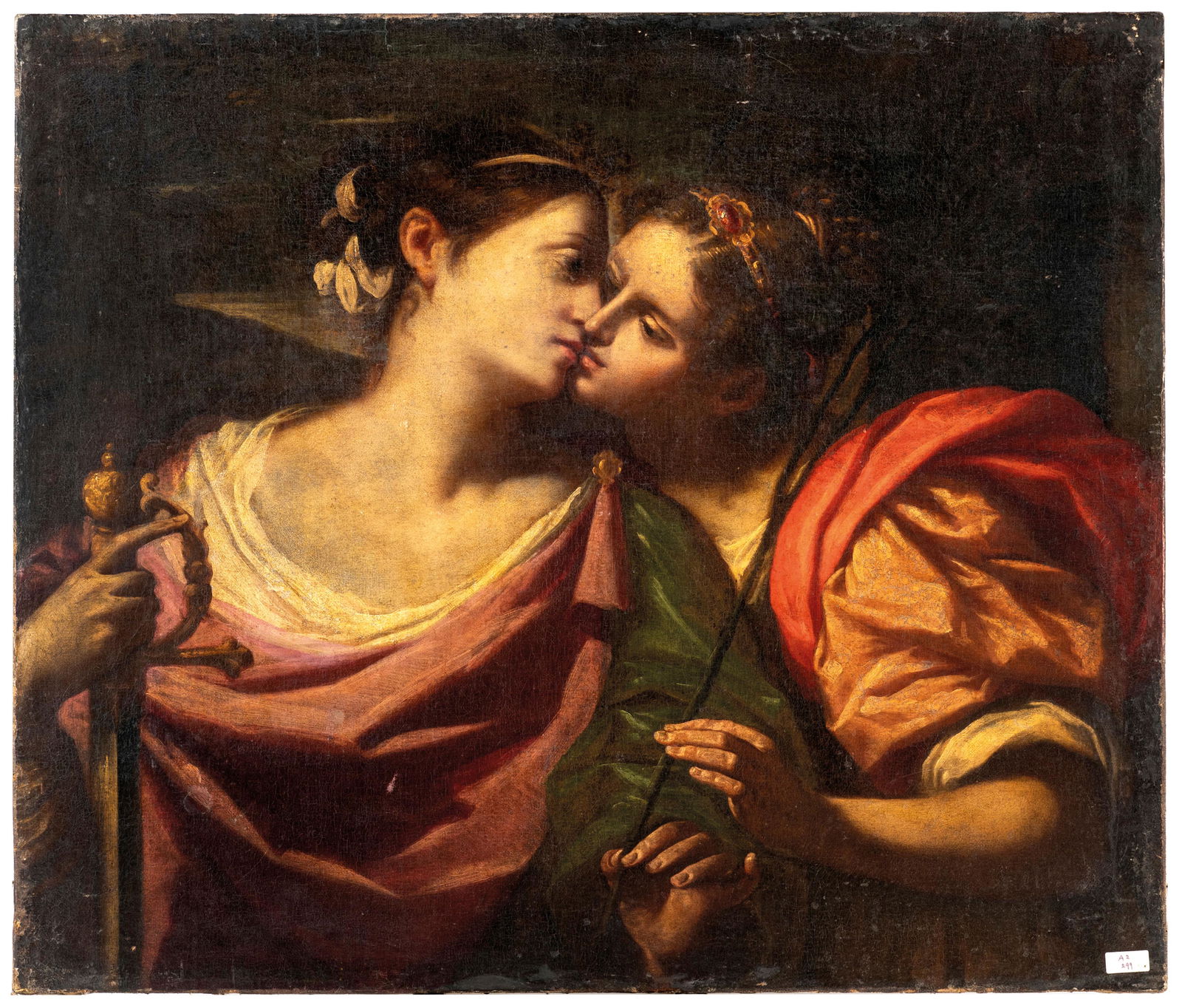 PITTORE DEL XVII-XVIII SECOLO: Allegoria della Pace e della Giustizia Olio su tela, cm 85X99 Il dipinto reca un'attribuzione collezionistica a Stefano Pozzi (Roma, 1699 - 1768) e sia pur sporco esibisce una buona conservazione, che