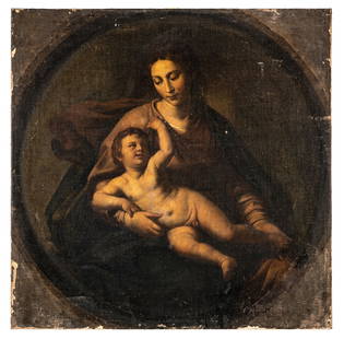 PITTORE DEL XVII-XVIII SECOLO: Madonna con Bambino Olio su tela, cm 69,5X69,5 Il dipinto reca un'attribuzione ad Alessandro Turchi detto l'Orbetto (Verona, 1578 - Roma, 1649); si colgono stilemi d'ascendenza veneta che si modellano