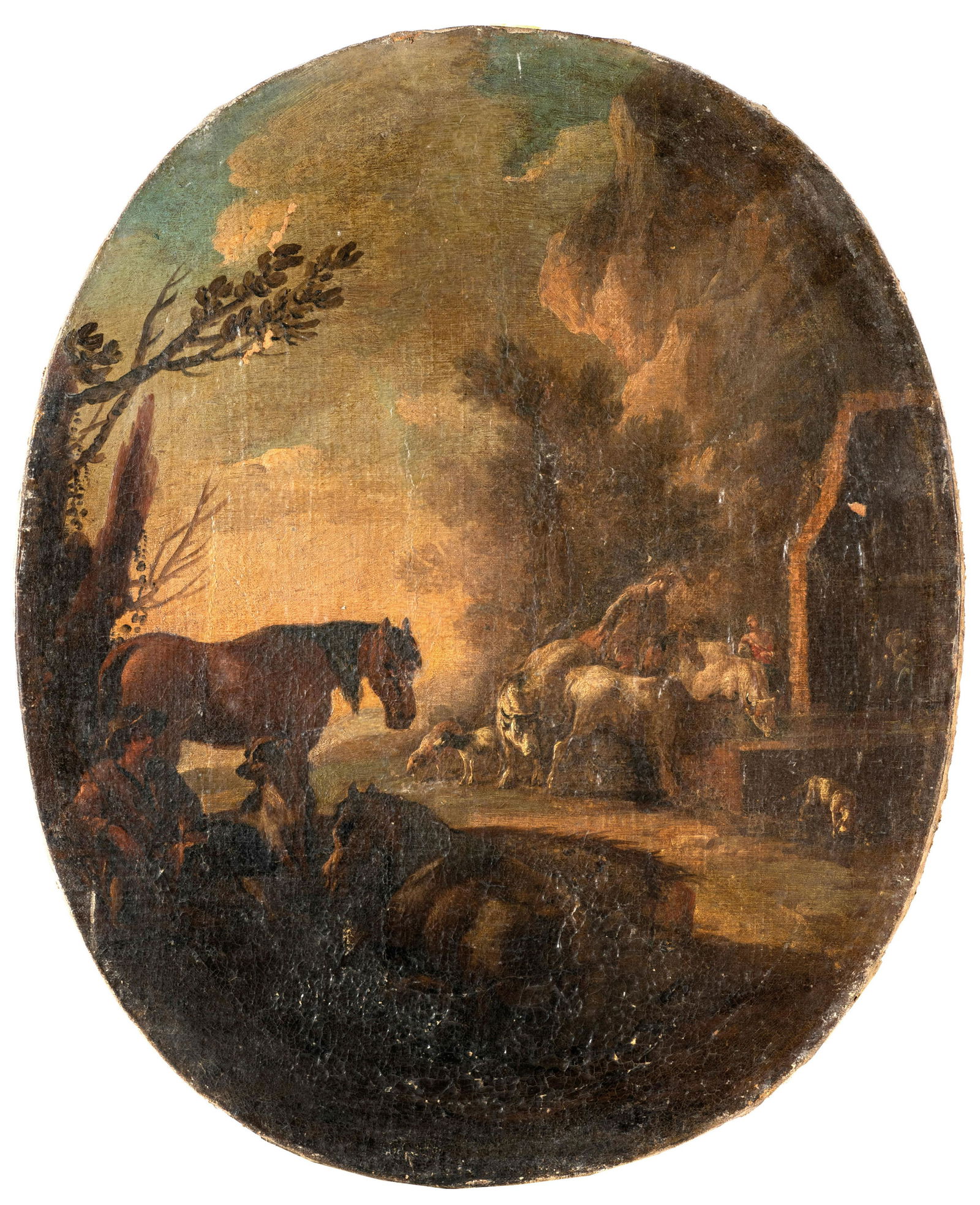 JOHANN HEINRICH ROOS (attr. a): (Otterberg, 1631 - Francoforte sul Meno, 1685) Scena pastorale Olio su tela ovale, cm 73X59 Pittore e acquafortista tedesco del periodo barocco, era specializzato in paesaggi e in scene con animali. &