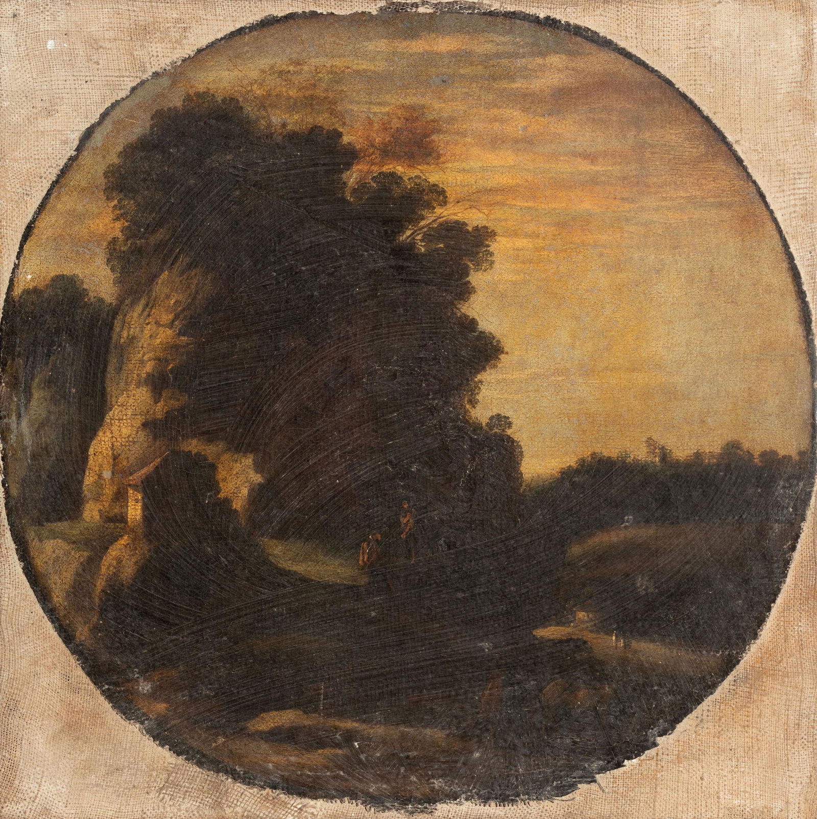 GOFFREDO WALS detto GOFFREDO TEDESCO: (Colonia, 1595 - Calabria, 1638) Paesaggio con figure Olio su tela tonda applicata su tela, cm 34,5X34,5 Tedesco di nascita, Wals è stato una figura chiave per la pittura di paesaggio d'inizio Se