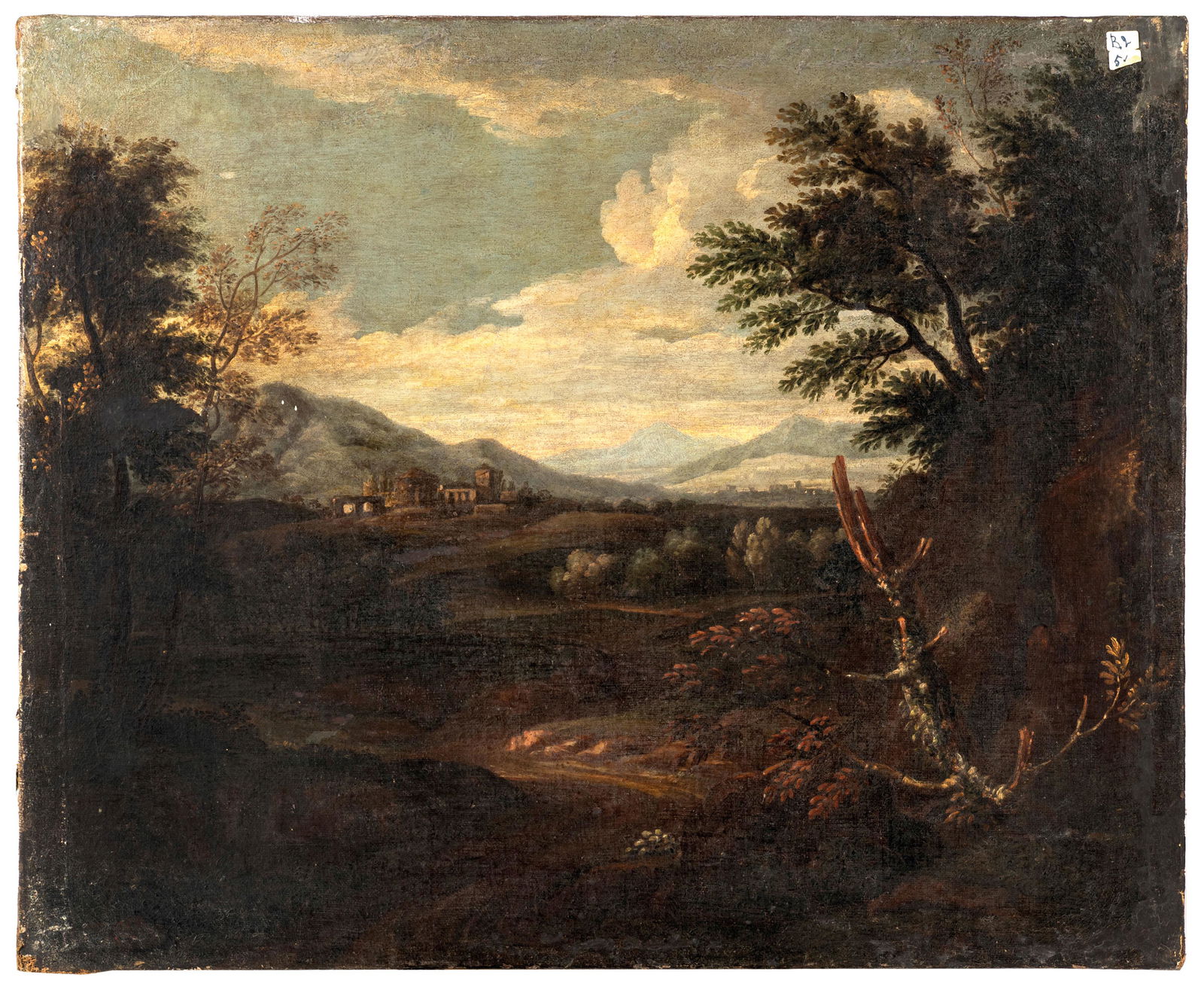 CRESCENZIO ONOFRI: (Roma, 1632 - Firenze, 1712) Paesaggio con cittadina sullo sfondo Olio su tela, cm 60,5X74 Secondo il biografo settecentesco Leone Pascoli, Crescenzo Onofri fu allievo diretto di Gaspard Dughet merita