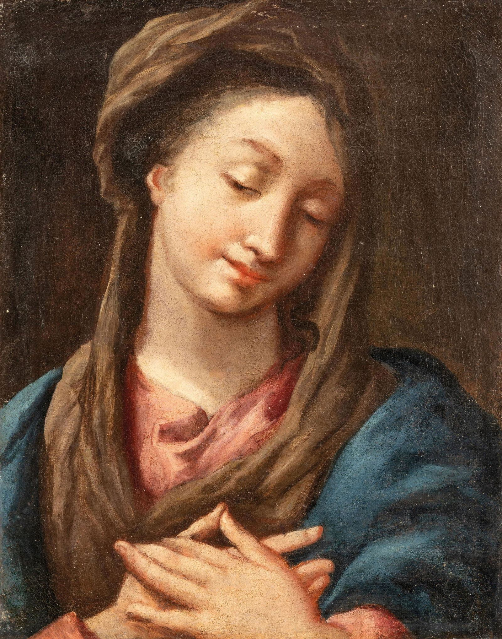 GIOVANNI MARIA MORANDI (attr. a): (Firenze, 1622 - Roma, 1717) Madonna orante Olio su tela, cm 47X37 Allievo a Firenze di Giovanni Bilivert e Sigismondo Coccapani, ricordati dal Baldinucci (1681), notizie o opere inerenti alla giovine