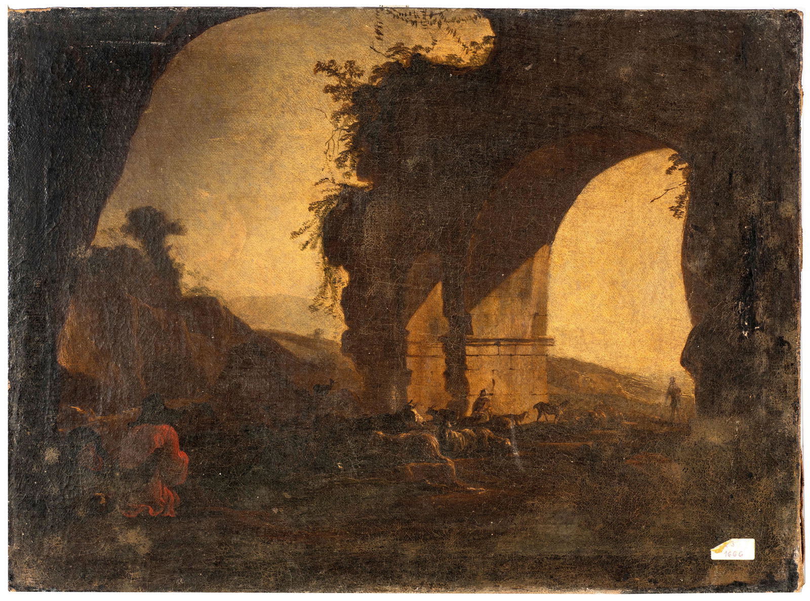 JAN MIEL: (Beveren-Waas, 1599 - Torino, 1663) Rovine architettoniche con pastori Olio su tela, cm 50X67 L'opera reca una tradizionale attribuzione a Jan Miel per la stretta analogia compositiva con le tele note