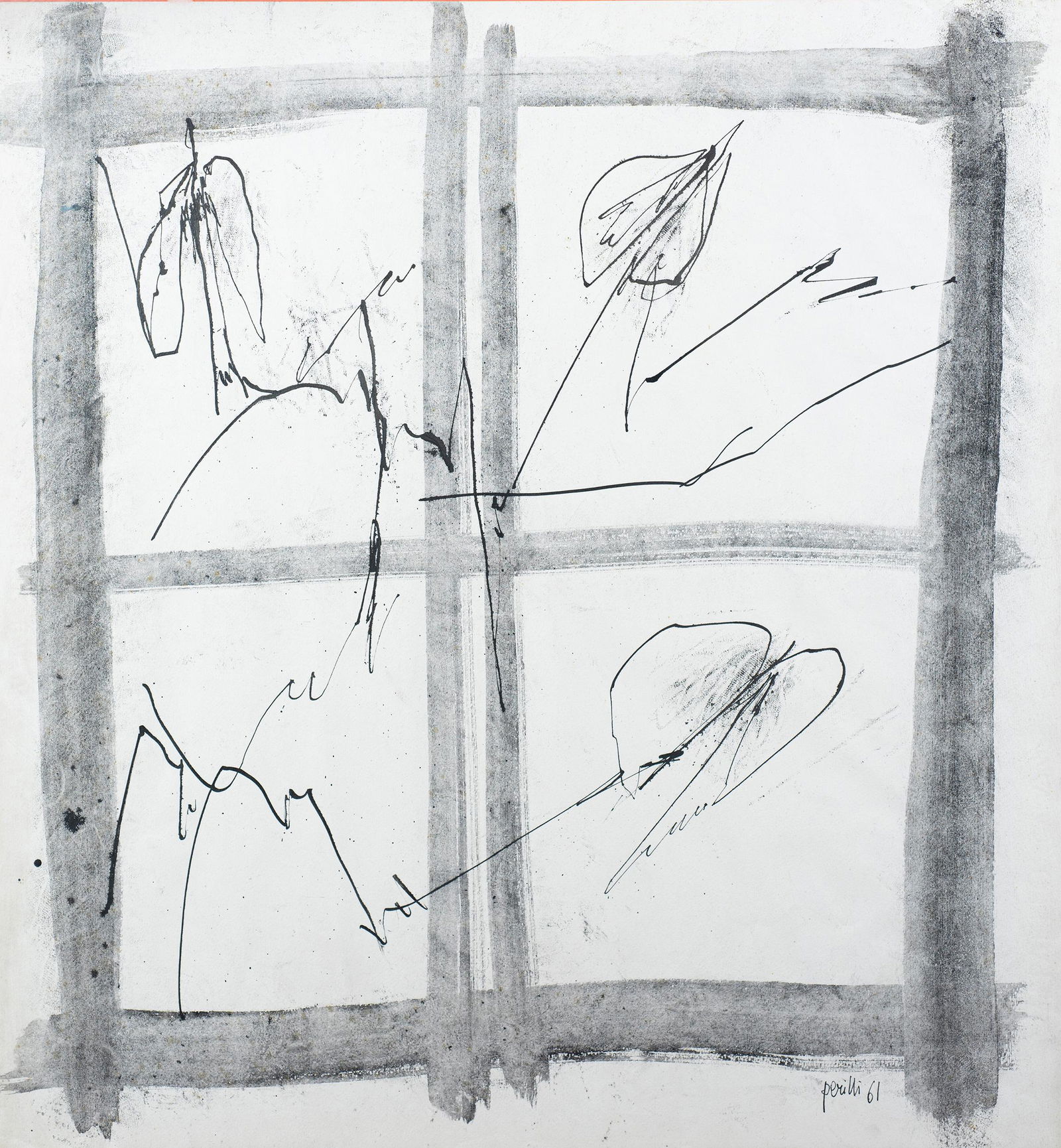 ACHILLE PERILLI: Roma 1927 Senza titolo, 1961 Tecnica mista su carta, cm 51,5 x 48 Firmato e datato in basso a destra Provenienza: Galleria Bonino, New York Galleria Pogliani, Roma