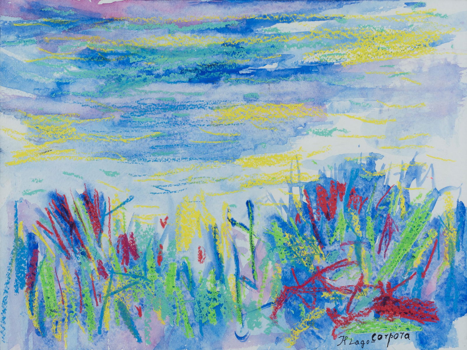 ANTONIO CORPORA: Tunisi 1909- Roma 2004 Il lago Tecnica mista su carta, cm 29,7 x 40 Firmato e titolato in basso a destra