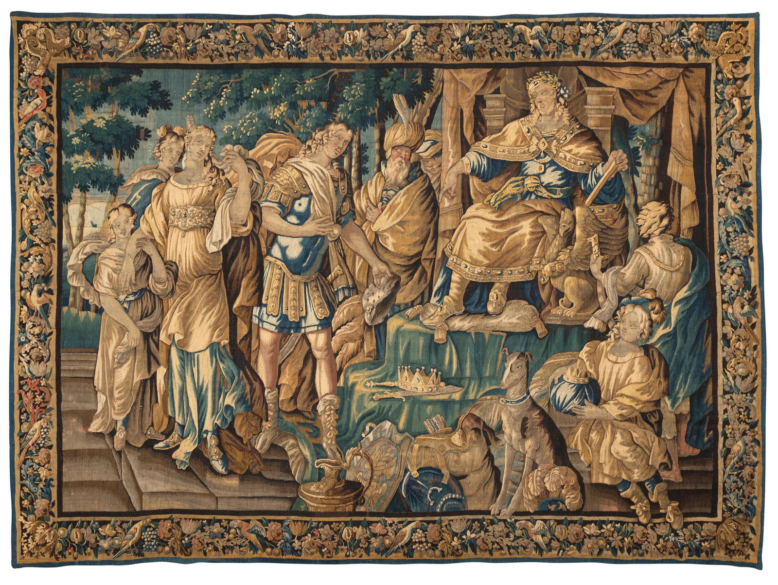 IMPORTANTE ARAZZO FRANCESE DI AUBUSSON, CIRCA 1720: Dalle Storie di Ciro il Grande, Ciro mette Araspe al servizio di Panthee Cartone attribuibile a Isaac Moillon (1614-1673), pittore barocco francese specializzato in scene della mitologia e della Bibbi