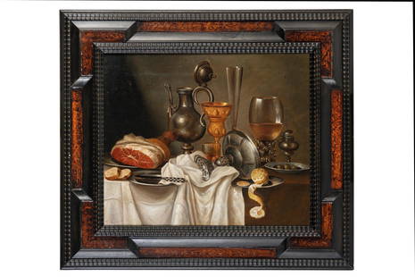 WILLEM CLAESZ HEDA (maniera di): (Haarlem, 1593/1594 - 1680/1682) Natura morta Olio su tela, cm 49,5X59,5 Il dipinto raffigura una tavola imbandita dal tipico carattere olandese e l'artista ha descritto un'ampia gamma di cibi, bevand