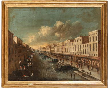 FRANCESCO TIRONI (attr. a): (Venezia, circa 1745 - 1797) Coppia di vedute veneziane Olio su tela, cm 60X75 (2) Nel corso del XVIII secolo, oltre ai maestri celebri, operarono a Venezia artisti che si cimentavano con successo al