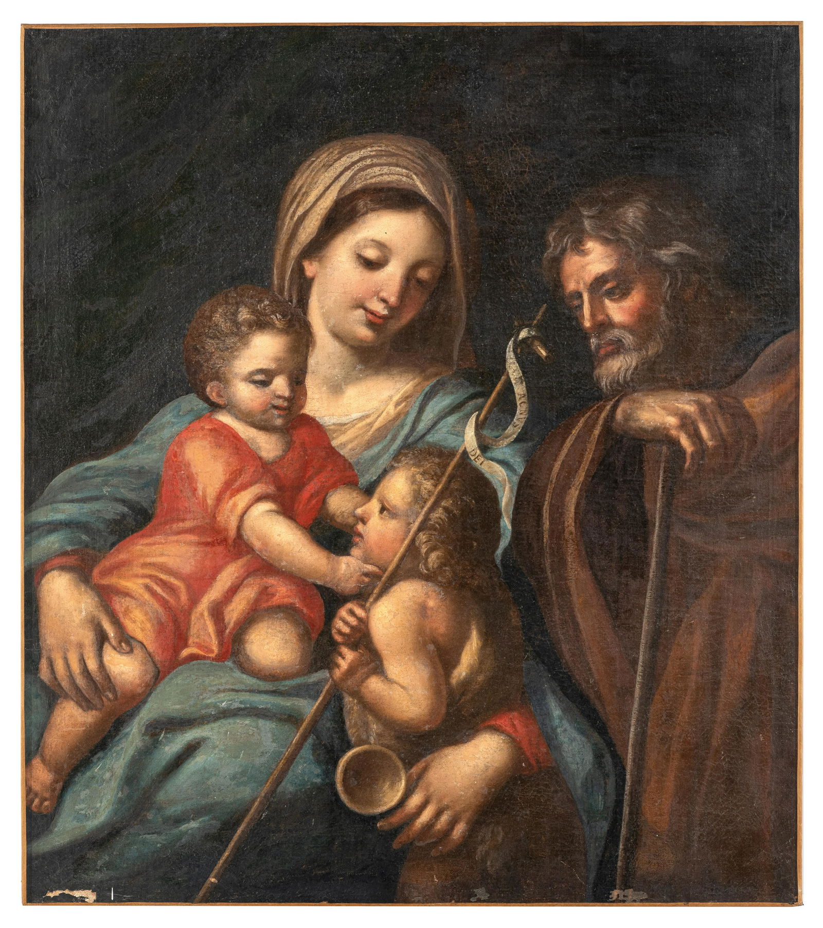 SEBASTIANO CONCA (bottega di): (Gaeta, 1680 - Napoli, 1764) Sacra Famiglia e San Giovannino Olio su tela, 93,5X82 Il dipinto costituisce un esempio di quella produzione destinata alla devozione domestica che costituì un aspetto mi