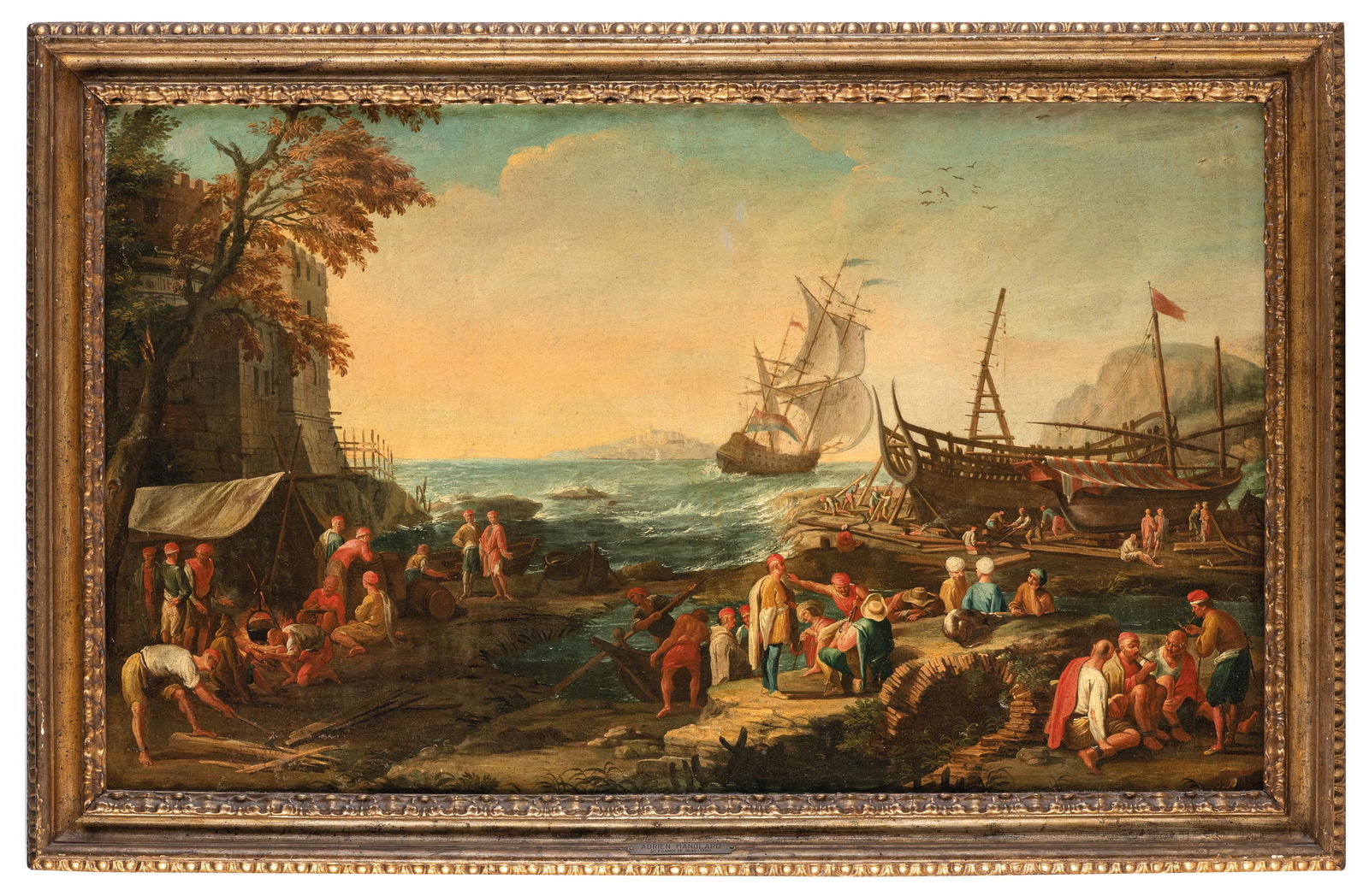 ADRIEN MANGLARD: (Lione, 1695 - Roma, 1760) Veduta portuale Olio su tela, cm 68X115,5 Nato a Lione dove si formò con il pittore di figura Frère Imbert, Manglard si recò a Roma nel 1715, frequentando la bottega del