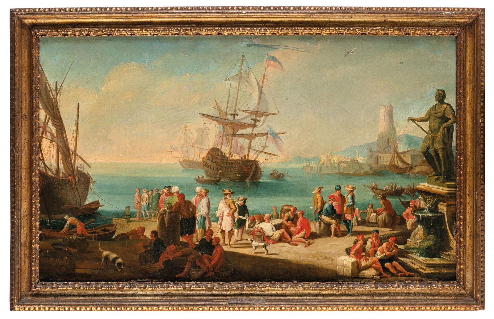ADRIEN MANGLARD: (Lione, 1695 - Roma, 1760) Veduta portuale Olio su tela, cm 68X115,5 Vedi scheda al lotto precedente.
