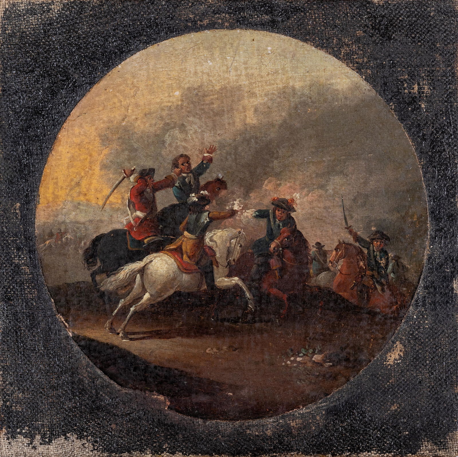 ADAM FRANS VAN DER MEULEN: (Bruxelles, 1632 - Parigi, 1690) Scontro tra cavalieri Firmato sul verso Olio su tela, cm 8X8 Allievo di Pieter Snayers e registrato alla Gilda dei pittori di Bruxelles nel 1648, Meulen si trasferì a