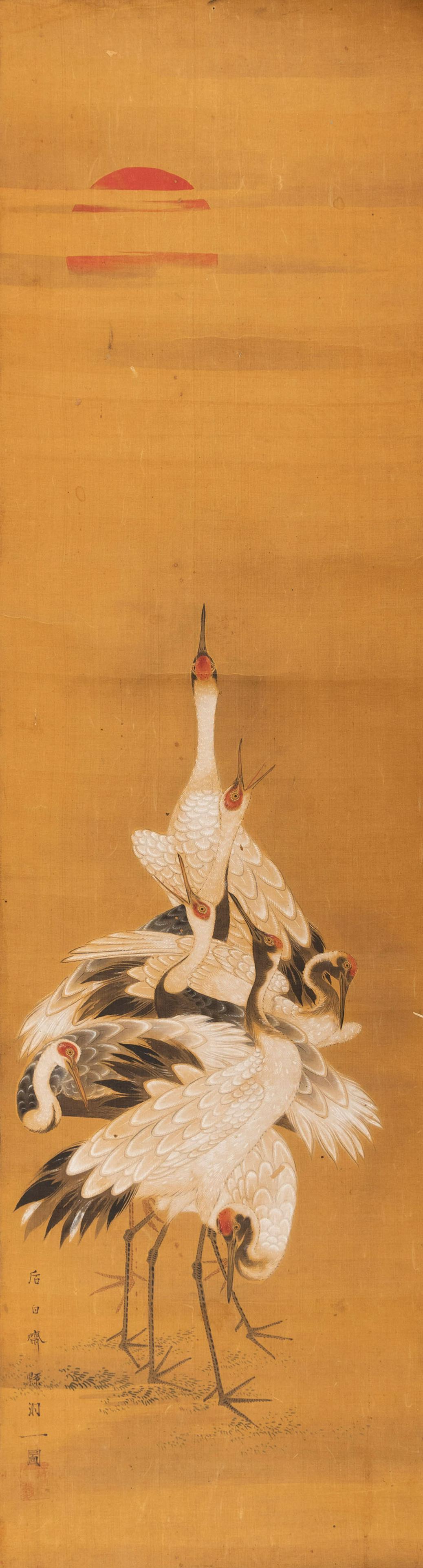 DIPINTO SU SETA CON GRU, GIAPPONE, EPOCA MEIJI, FIRMATO (1 of 3)