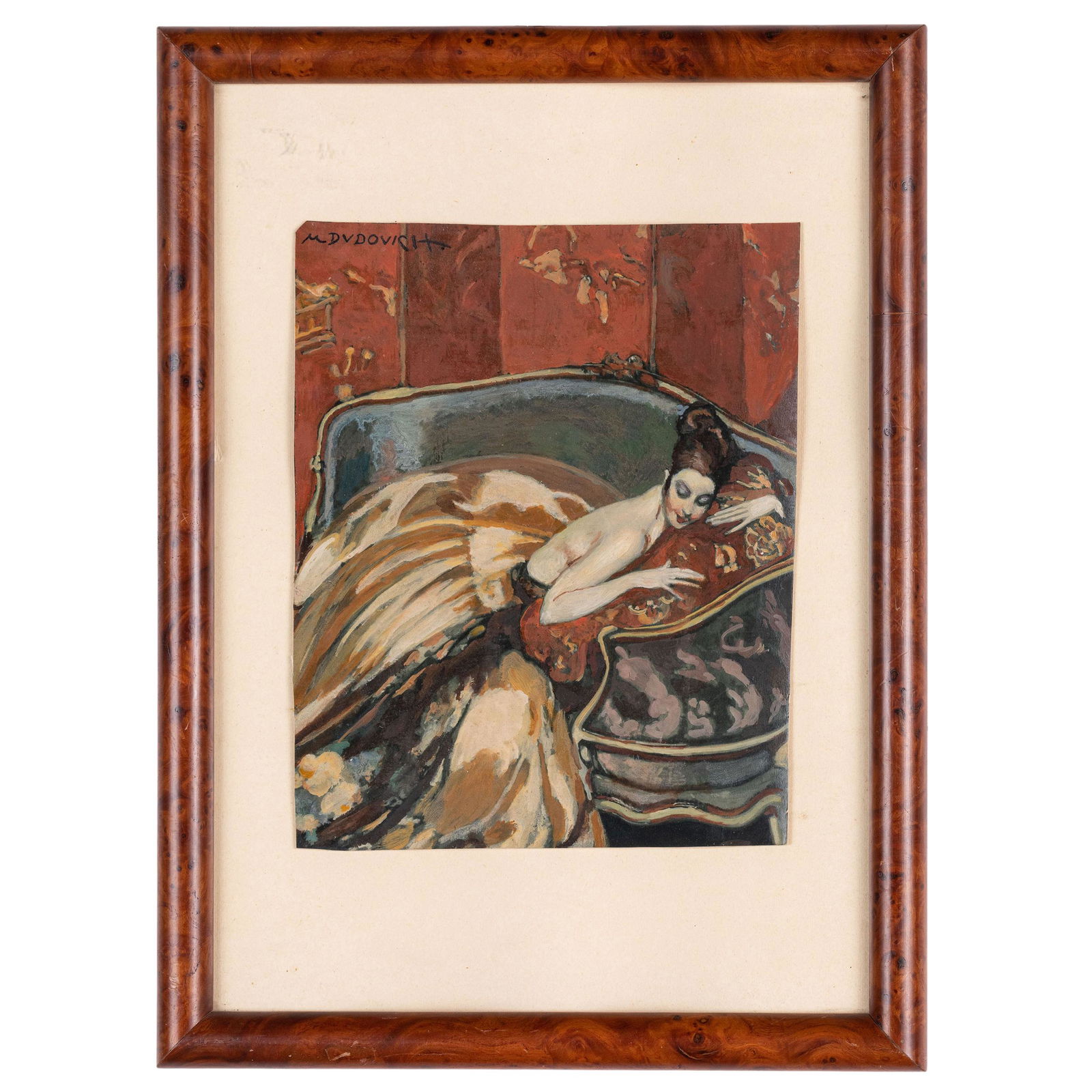 MARCELLO DUDOVICH: Trieste, 1878 - Milano, 1962 Fanciulla sul sofa Firmato M Dudovich in alto a sinistra Olio su carta, cm 22,5X18