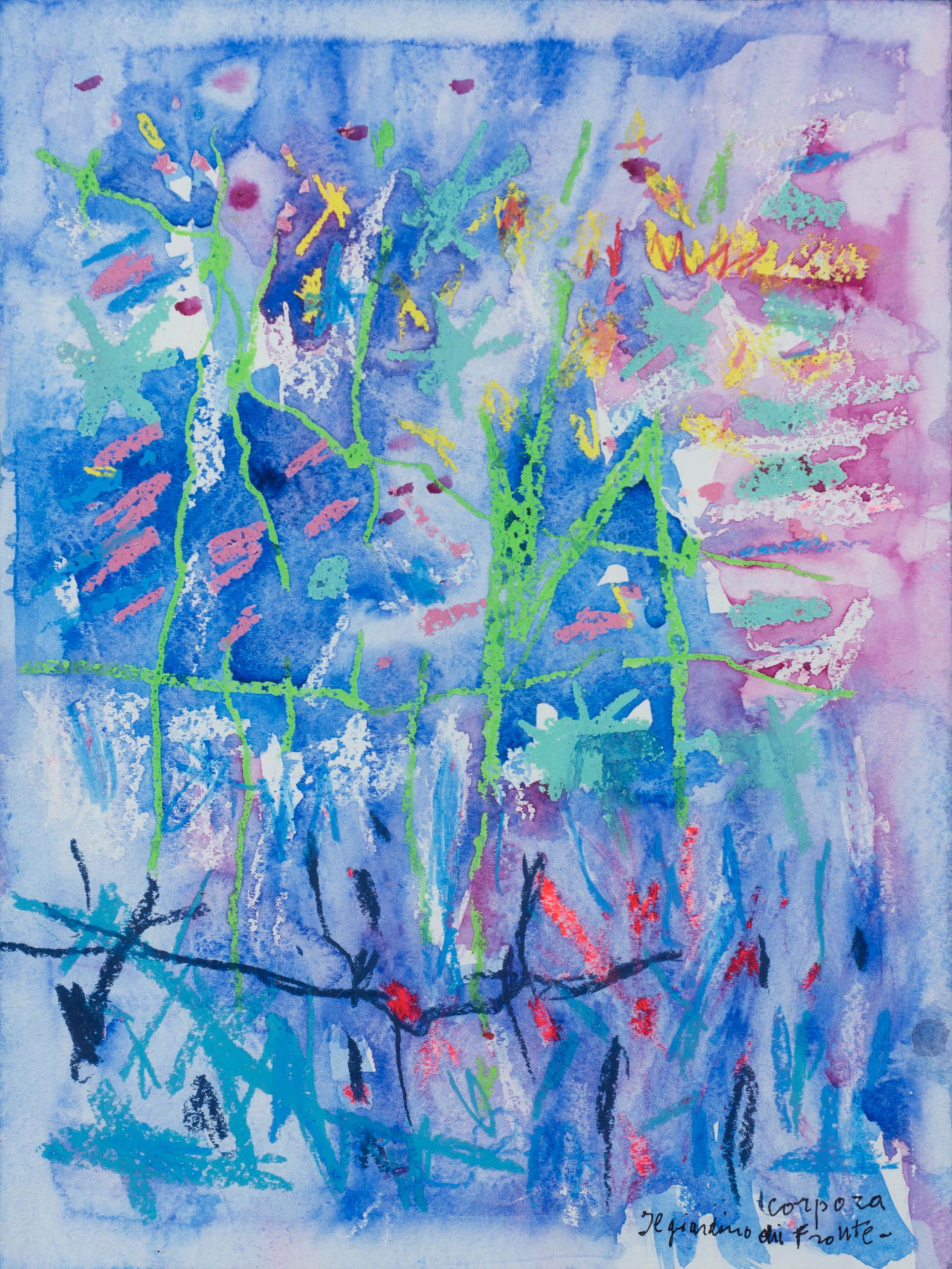 ANTONIO CORPORA: Tunisi 1909 - Roma 2004 Il giardino di fronte Tecnica mista su carta, cm 39,6 x 30 Firmato e titolato in basso a destra