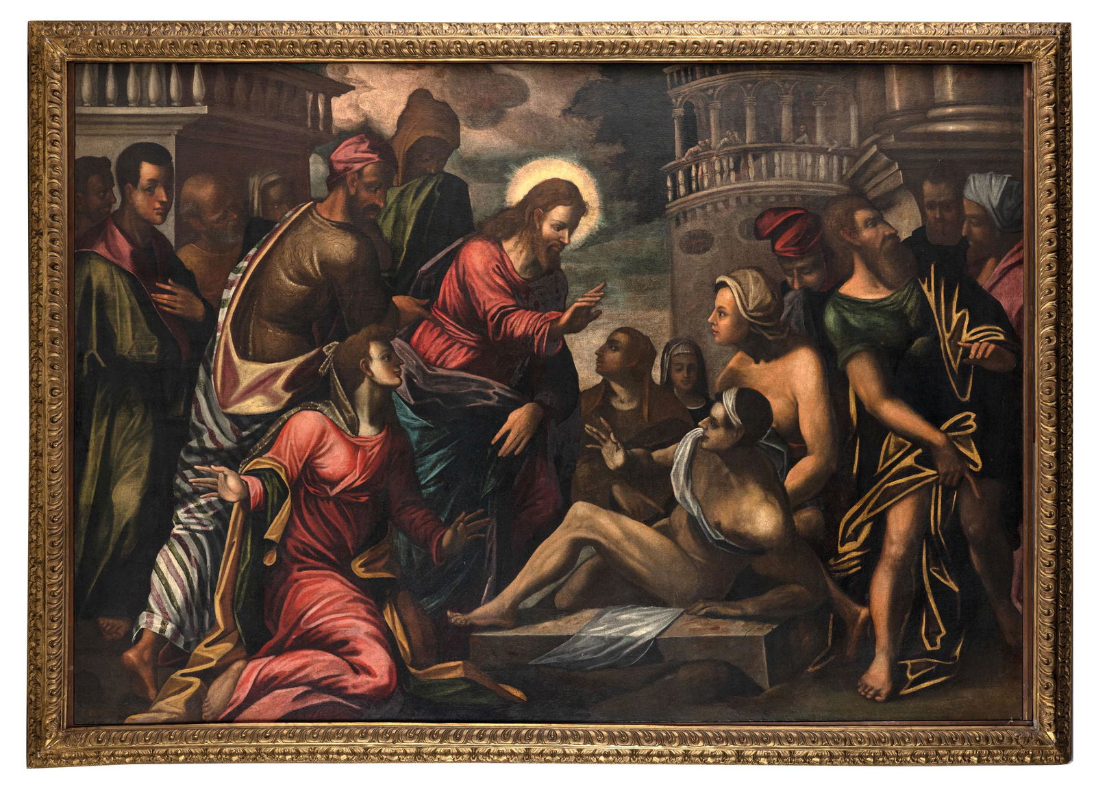 ALESSANDRO MAGANZA (cerchia di): (Vicenza, ante 1556 - 1632) Resurrezione di Lazzaro Olio su tela, cm 150X220 Formatosi nella bottega paterna a Vicenza, fu successivamente allievo di Giovanni Antonio Fasolo tramite il quale poté con