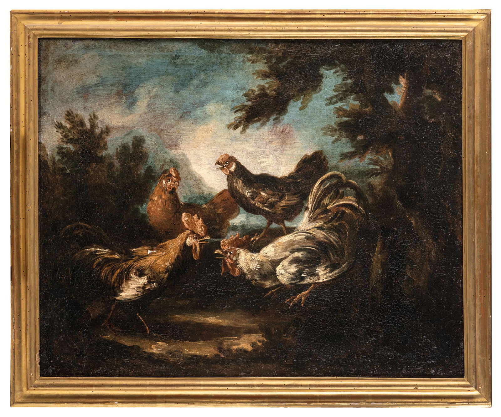 ANGELO MARIA CRIVELLI, detto IL CRIVELLONE: (attivo a Milano tra il 1690 e il 1730) Paesaggio con galline Olio su tela, cm 58X73 Le vivaci pennellate, lo stile e le ambientazioni paesistiche suggeriscono immediatamente l'attribuzione delle tele