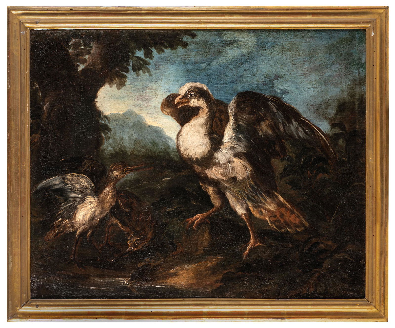 ANGELO MARIA CRIVELLI, detto IL CRIVELLONE: (attivo a Milano tra il 1690 e il 1730) Paesaggio con uccelli Olio su tela, cm 58X73